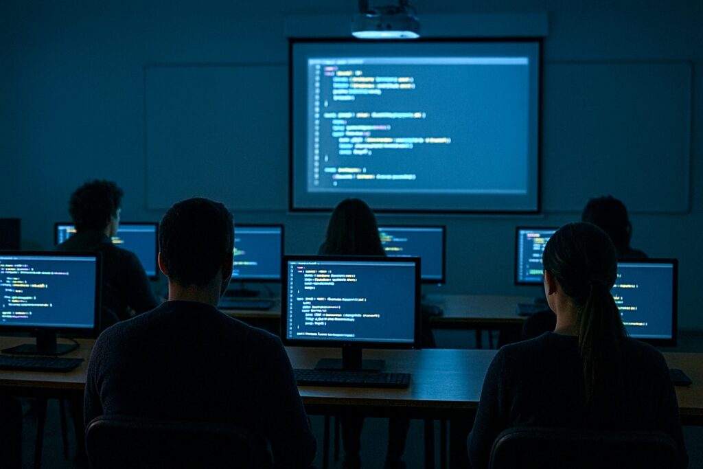 Salle informatique, ecrans affichant du code source