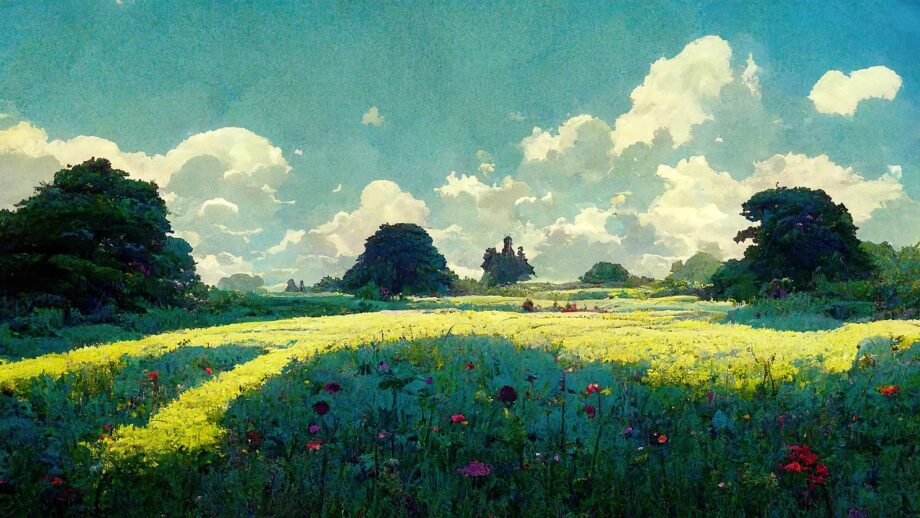 Illustration de style Studio Ghibli : prairie fleurie sous un ciel dete