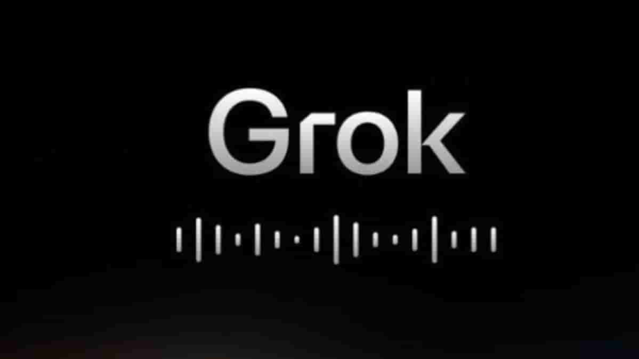 Logo Grok sur fond noir avec une forme d'onde audio, illustrant Grok Voice, le mode vocal de xAI