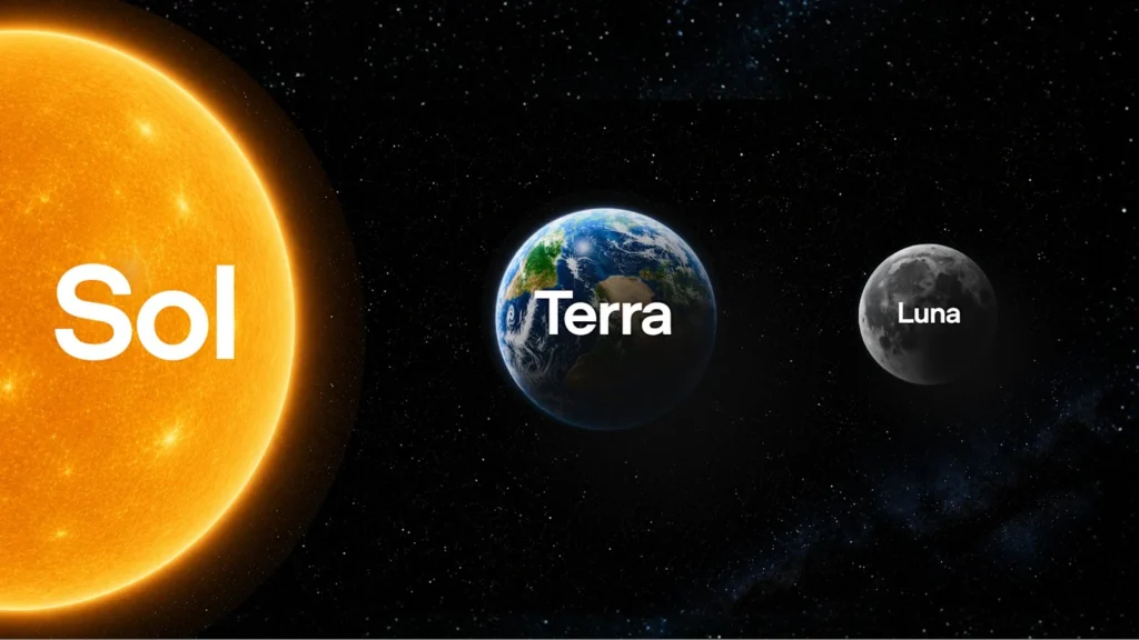 Illustration OpenAI des trois modèles GPT-5.6 : Sol (le soleil), Terra (la Terre) et Luna (la Lune), sur fond étoilé.