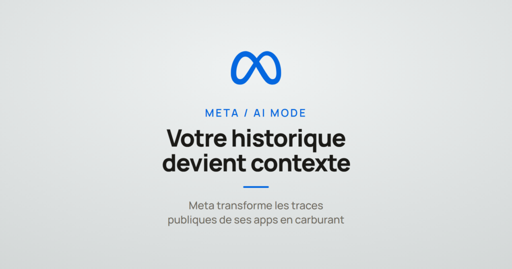Logo Meta et la mention « votre historique devient contexte », à propos d'AI Mode sur Facebook