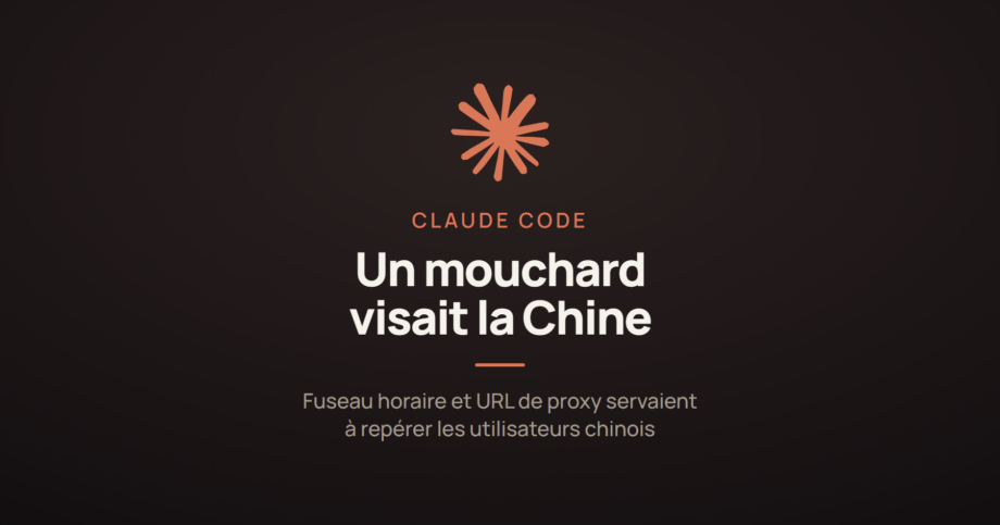 Logo Claude sur fond sombre et la mention « un mouchard visait la Chine », à propos d'une fonction cachée de Claude Code