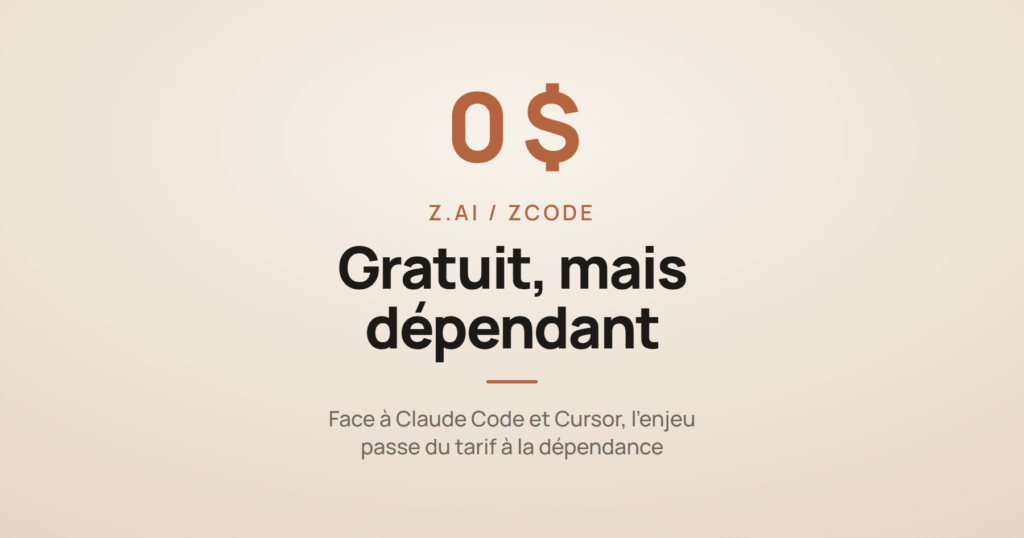Le prix 0 dollar et la mention « gratuit, mais dépendant », à propos de l'assistant de code ZCode de Z.ai