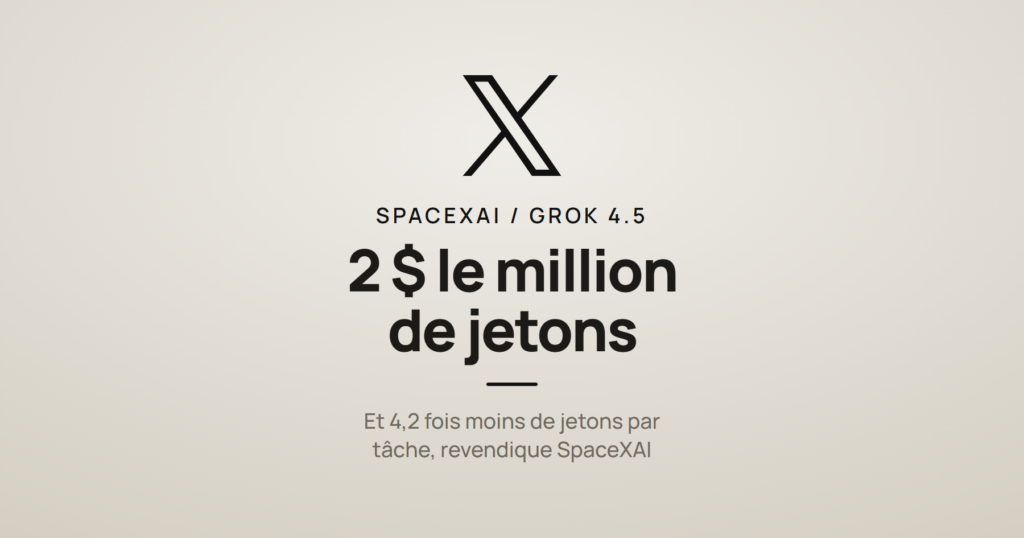 Logo X et la mention « 2 dollars le million de jetons », à propos du tarif de Grok 4.5