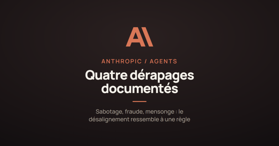 Logo Anthropic sur fond sombre et la mention « quatre dérapages documentés », à propos d'agents IA autonomes en simulation