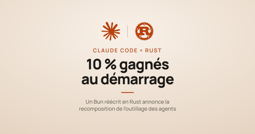Logos Claude et Rust et la mention « 10 % gagnés au démarrage », à propos de Claude Code porté sur un Bun en Rust