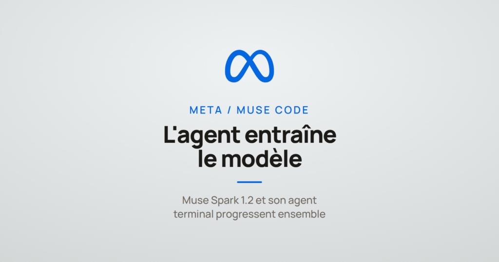 Logo Meta et la mention « l'agent entraîne le modèle », à propos de Muse Code et Muse Spark 1.2