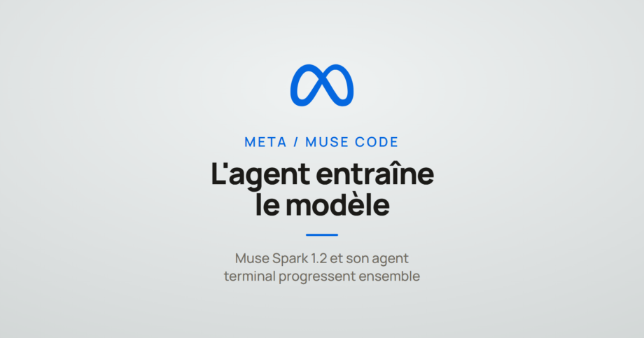 Logo Meta et la mention « l'agent entraîne le modèle », à propos de Muse Code et Muse Spark 1.2