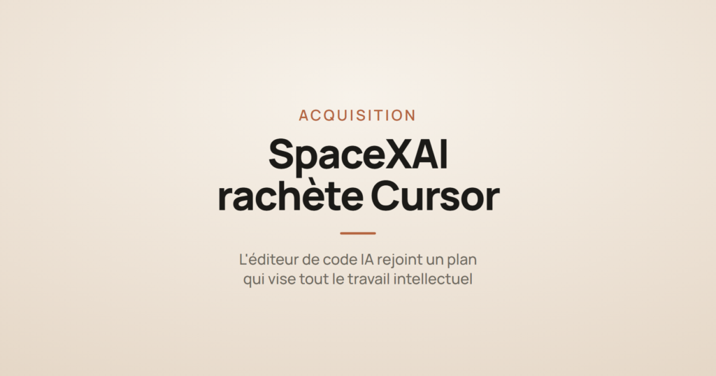 Illustration d'une carte d'article annonçant le rachat de l'éditeur de code Cursor par le groupe SpaceXAI.