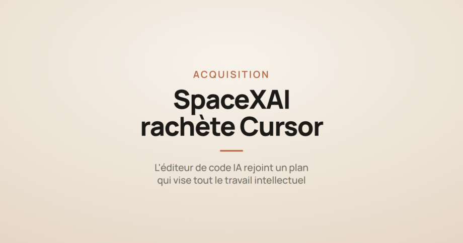 Illustration d'une carte d'article annonçant le rachat de l'éditeur de code Cursor par le groupe SpaceXAI.