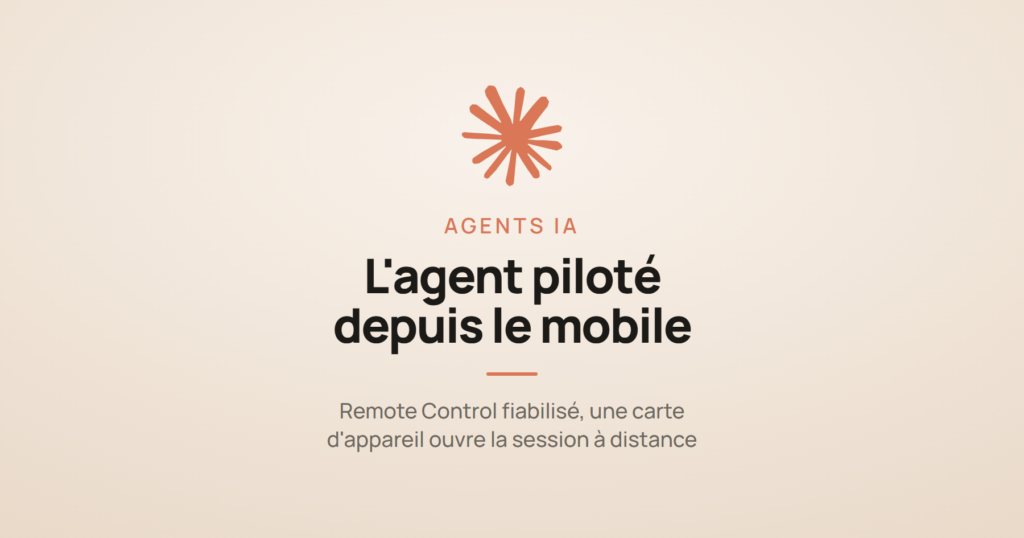 Carte illustrant l'article sur le Remote Control de Claude Code, désormais piloté depuis le téléphone, avec le logo Claude sur fond clair.