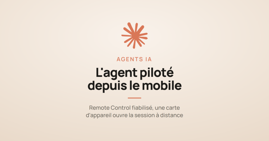 Carte illustrant l'article sur le Remote Control de Claude Code, désormais piloté depuis le téléphone, avec le logo Claude sur fond clair.