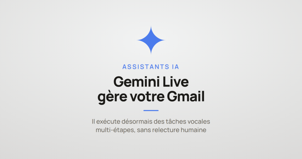 Illustration d'un smartphone affichant l'assistant Gemini Live en train de gérer la boîte de réception Gmail à la voix.