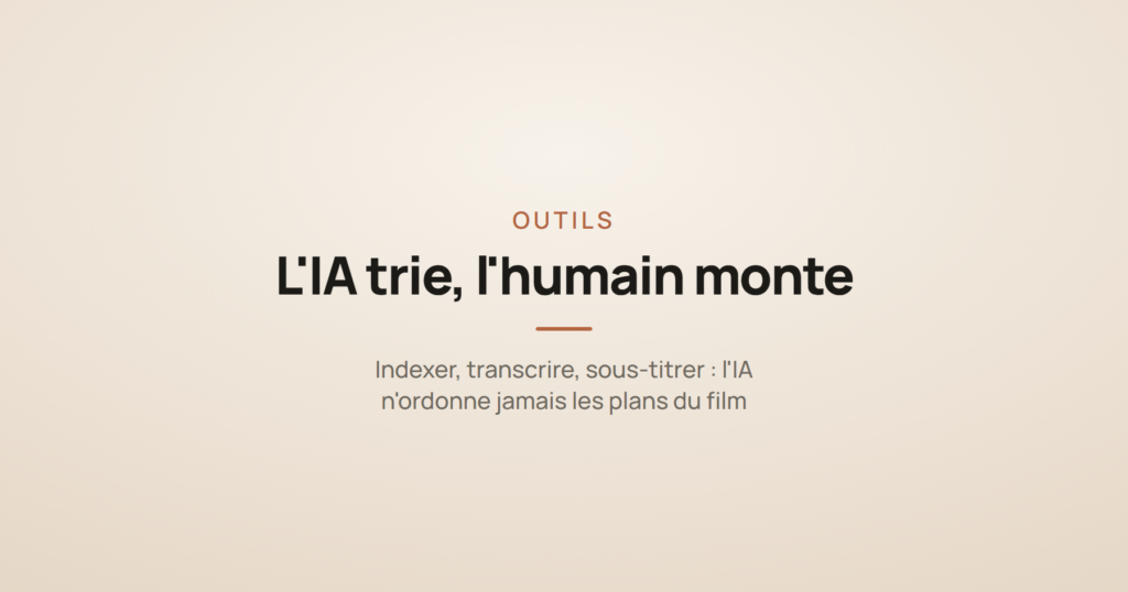 Illustration d'une carte d'actualité IA sur le tri automatique des rushes vidéo, le montage restant une tâche humaine.