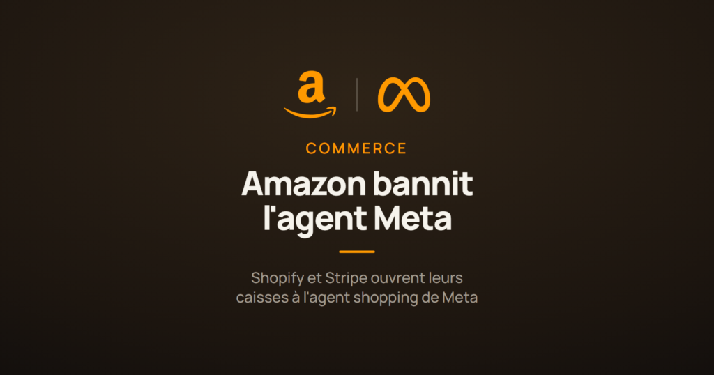 Logos Amazon et Meta face à face pour illustrer le blocage de l'agent IA Muse par Amazon, tandis que Shopify et Stripe lui ouvrent le paiement en ligne.