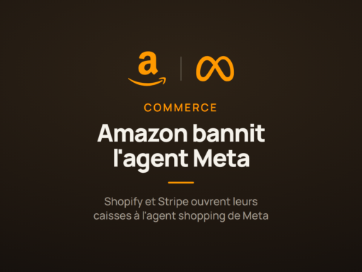 Logos Amazon et Meta face à face pour illustrer le blocage de l'agent IA Muse par Amazon, tandis que Shopify et Stripe lui ouvrent le paiement en ligne.