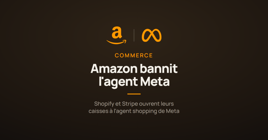 Logos Amazon et Meta face à face pour illustrer le blocage de l'agent IA Muse par Amazon, tandis que Shopify et Stripe lui ouvrent le paiement en ligne.