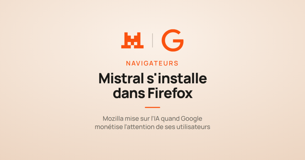 Illustration montrant les logos de Mistral et de Google face à face autour de l'intégration d'assistants IA dans les navigateurs Firefox et Chrome.