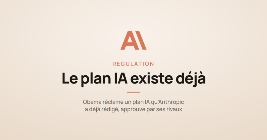 Carte d'illustration avec le logo Anthropic en médaillon pour l'article sur le plan IA réclamé par Obama, déjà rédigé par Anthropic.