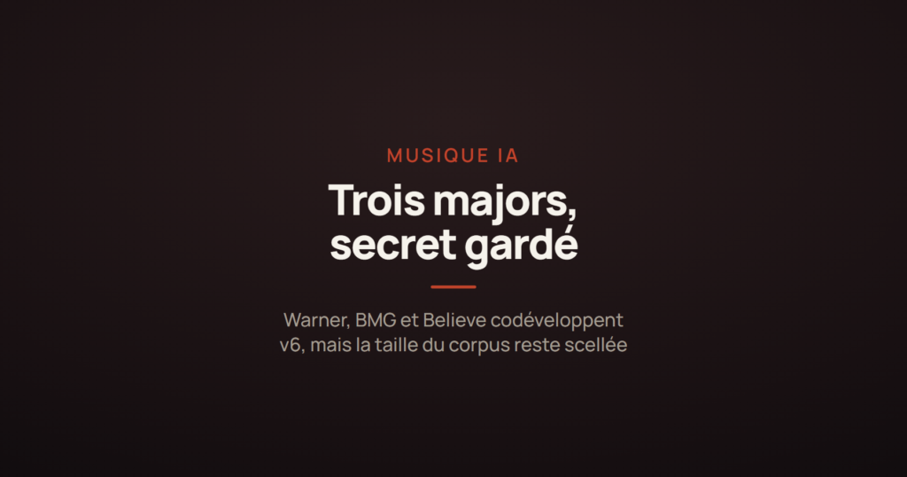 Carte annonçant le lancement de Suno v6 avec Warner, BMG et Believe, sur fond de procédure judiciaire et de secret gardé sur les données d'entraînement.