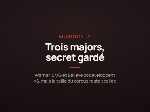 Carte annonçant le lancement de Suno v6 avec Warner, BMG et Believe, sur fond de procédure judiciaire et de secret gardé sur les données d'entraînement.