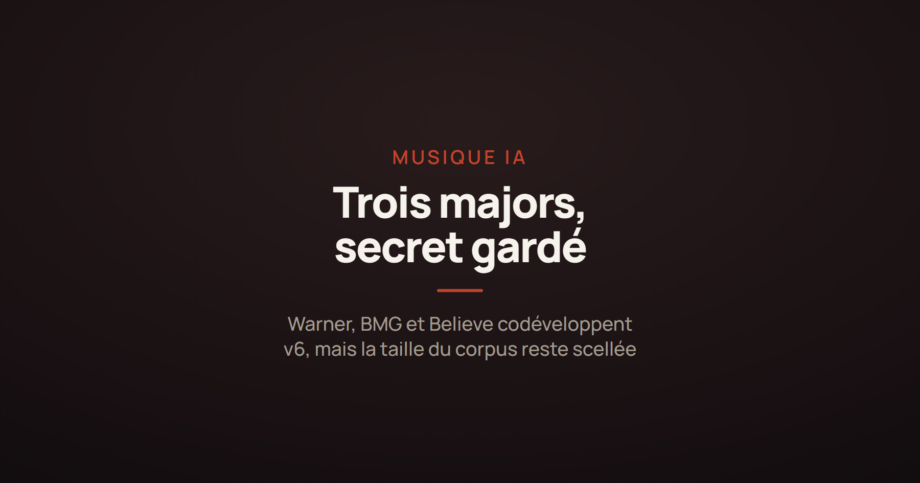 Carte annonçant le lancement de Suno v6 avec Warner, BMG et Believe, sur fond de procédure judiciaire et de secret gardé sur les données d'entraînement.