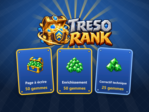 Logo TresoRank et trois cartes : page a ecrire 50 gemmes, enrichissement 50 gemmes, correctif technique 25 gemmes