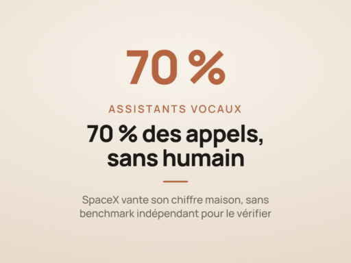 Carte d'actualité IA illustrant l'annonce de SpaceX : Grok Voice 3.0 résoudrait 70 % des appels de support Starlink sans intervention humaine.