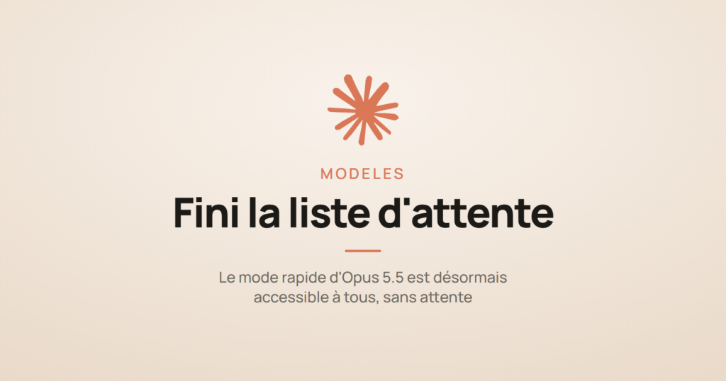 Carte illustrant l'article sur le mode rapide d'Opus 5.5, désormais accessible à tous sans liste d'attente, avec le logo Claude.