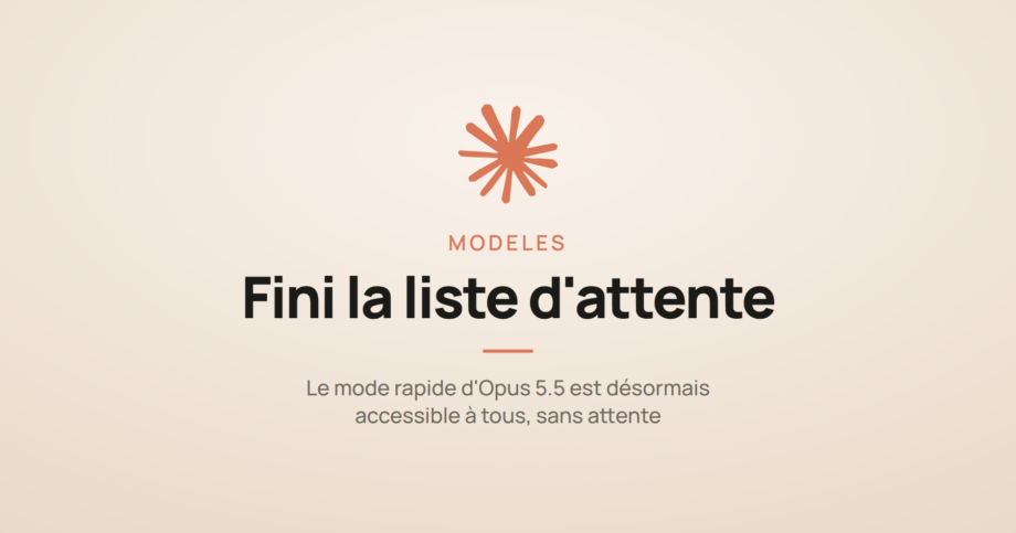 Carte illustrant l'article sur le mode rapide d'Opus 5.5, désormais accessible à tous sans liste d'attente, avec le logo Claude.
