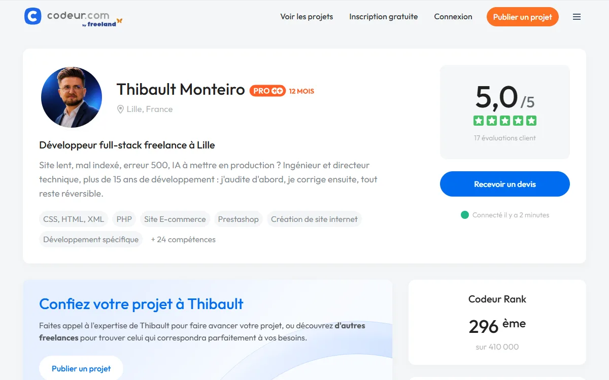 Capture de mon profil Codeur : la note et les évaluations de clients