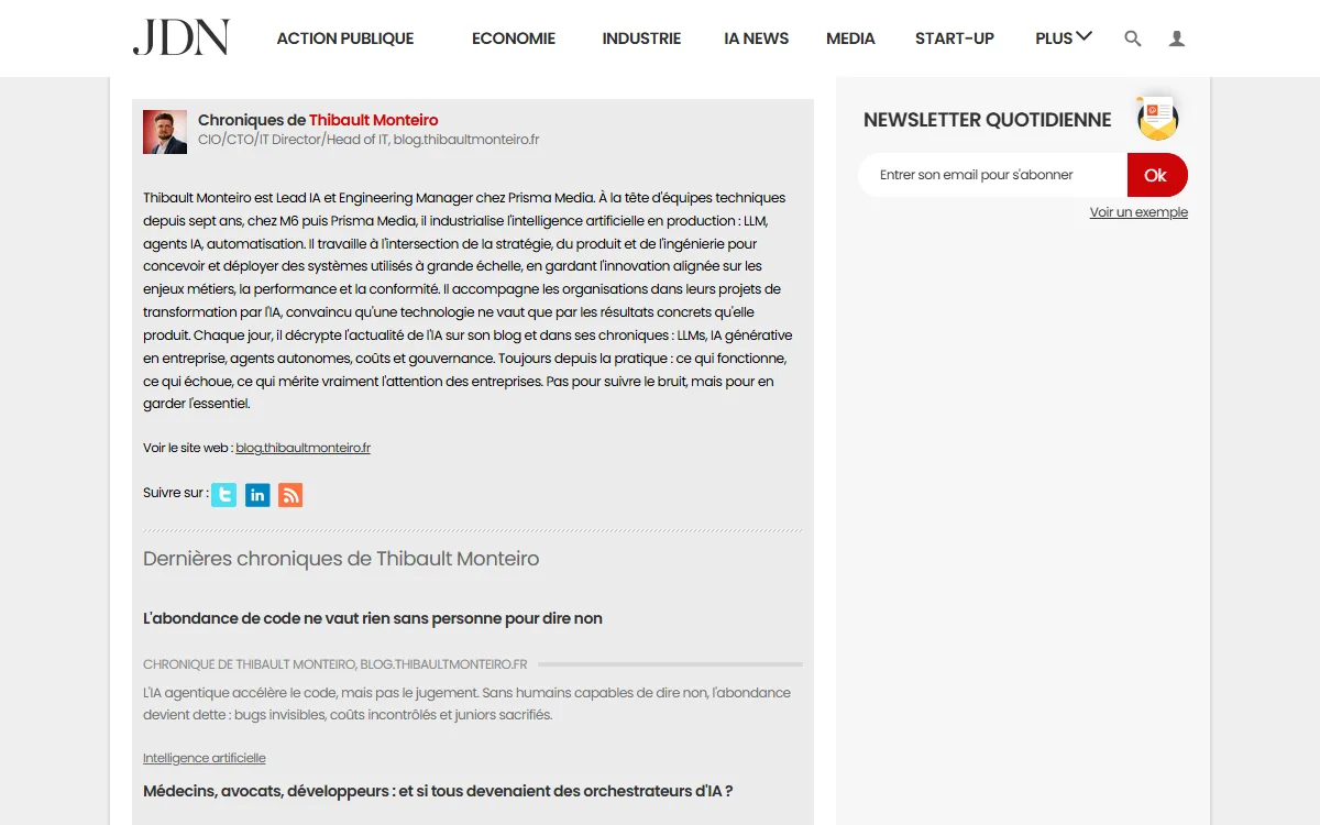 Capture de ma page de chroniqueur sur le Journal du Net : présentation et dernières chroniques