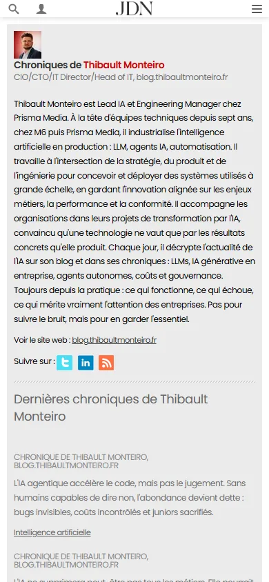 Ma page de chroniqueur sur le Journal du Net, sur mobile